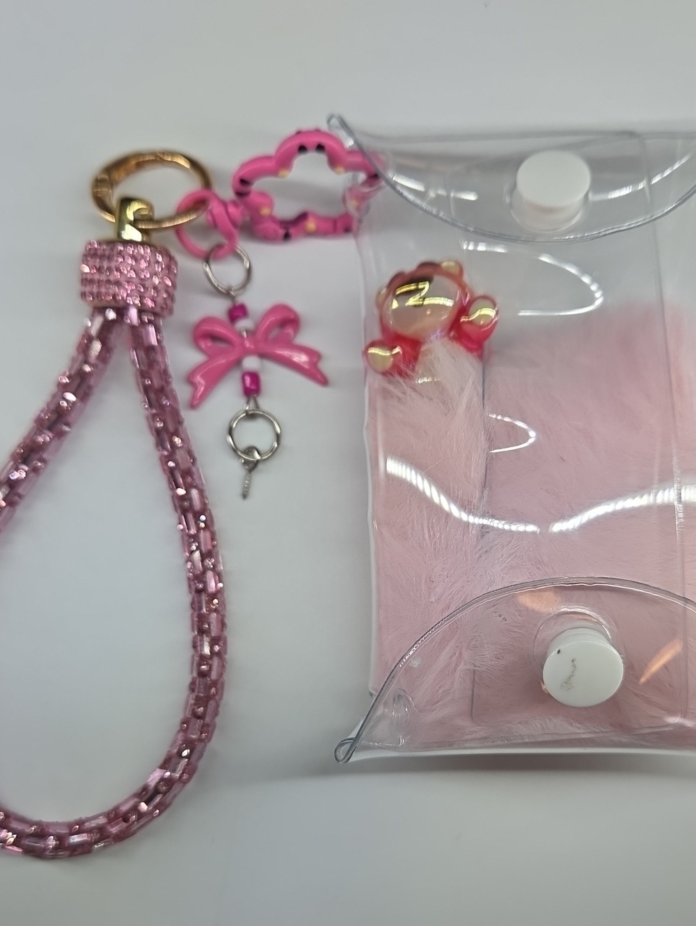 Pink Keychain Wristlet with Bow & Fuzzy Lotus Figures and Pouch.